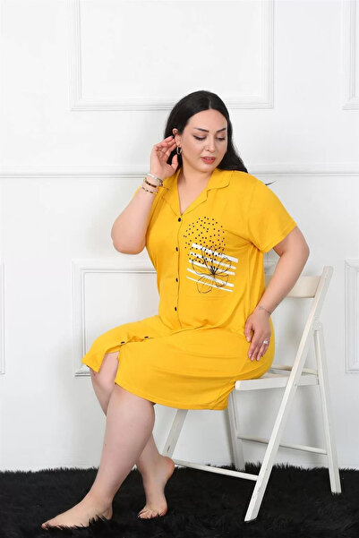 alfa expres Fashion Plus Size Combed Cotton Buttoned Yellow Tunic Nightgown