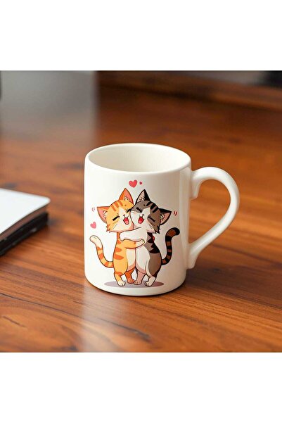 QueenHome Sevimli Kedi Çift Desenli Kupa Bardak - Aşık Kediler Tasarım Kahve ...