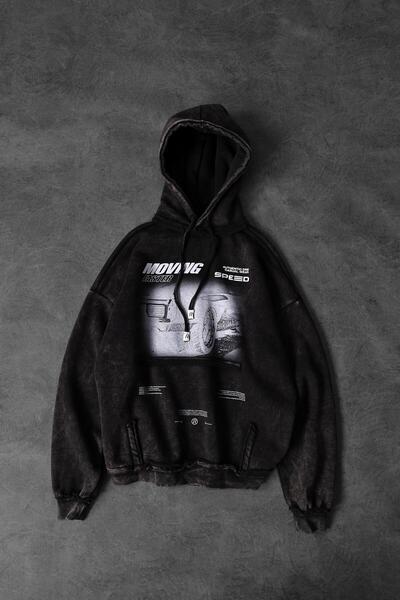 Slatra Ανδρικό μαύρο φούτερ με κουκούλα Moving Faster Special Washable Oversize