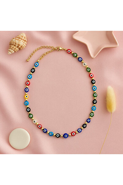 MİVA Renkli Nazar Boncuklu Cam Boncuk Kolye – Altın Detaylı, Şık Tasarım