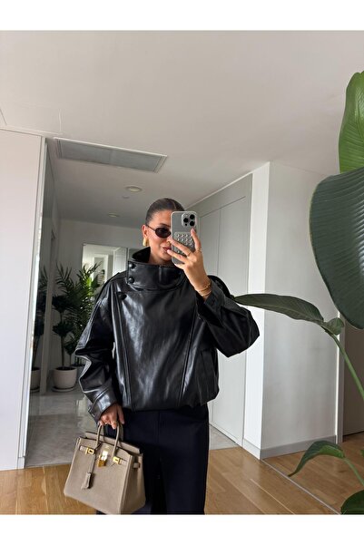 buqre's moda Trendy oversize kožená bunda s vysokým límcem