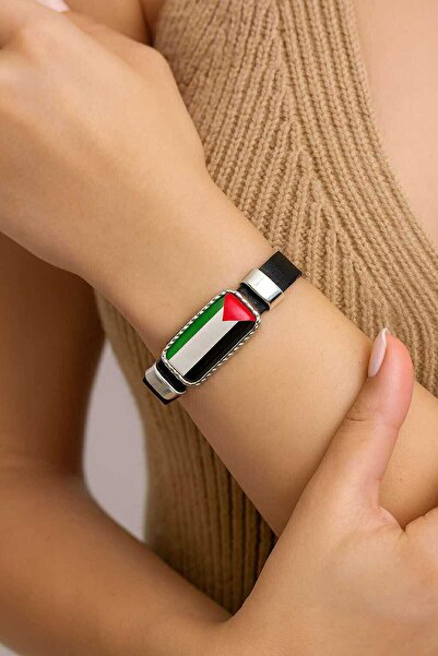 Herşey Nota Palestine Map Patterned Leather Bracelet – Double Unisex Model with Snap Fasteners