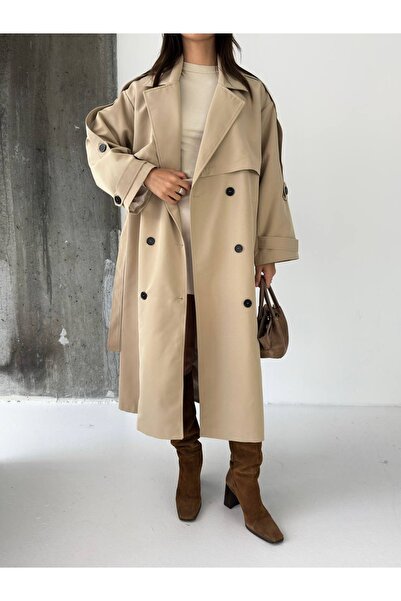 Ekim Store Pelerin Düğmeli Uzun Trençkot