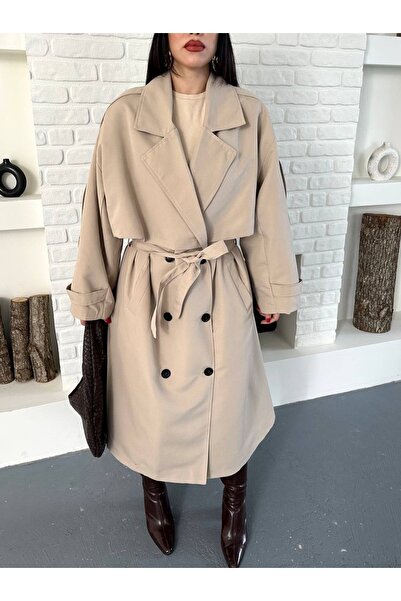 Ekim Store Pelerinli Düğmeli Kuşaklı Maxi Trençkot