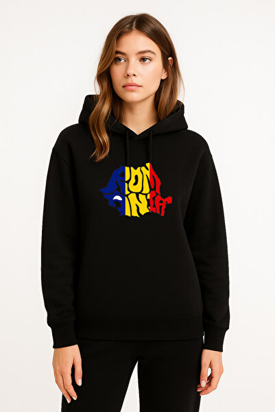 MODA România România cu imprimeu Hanorac negru pentru femei cu glugă Swea tricou