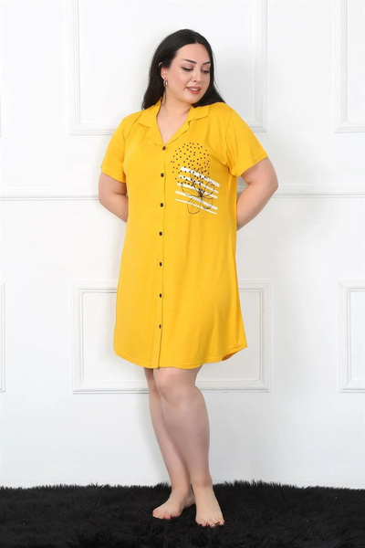 alfa expres Fashion Plus Size Combed Cotton Buttoned Yellow Tunic Nightgown