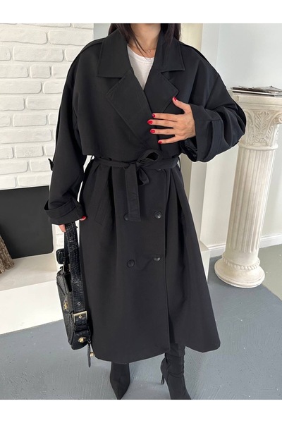 Ekim Store Pelerinli Düğmeli Kuşaklı Maxi Trençkot