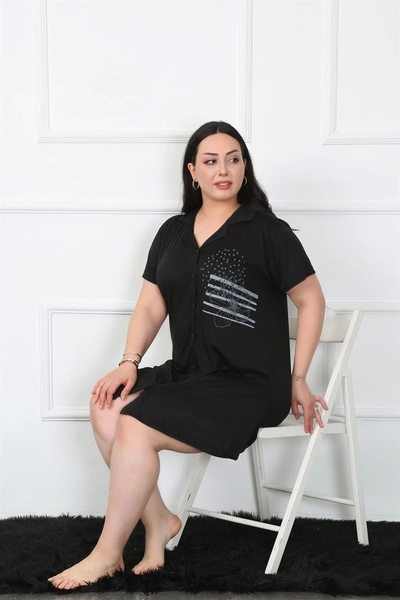 alfa expres Fashion Plus Size Combed Cotton Buttoned Black Tunic Nightgown