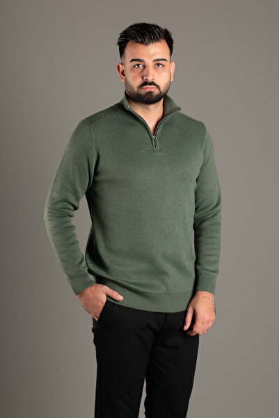 ZEKİ ÖZER Men's Khaki Zippered Stand-Up Collar Knitwear