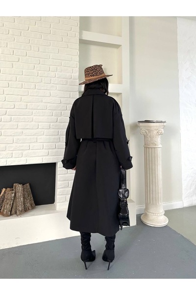 Ekim Store Pelerinli Düğmeli Kuşaklı Maxi Trençkot