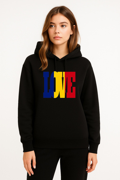 MODA Love Romania Romania cu imprimeu Hanorac negru pentru femei cu glugă Swea tricou