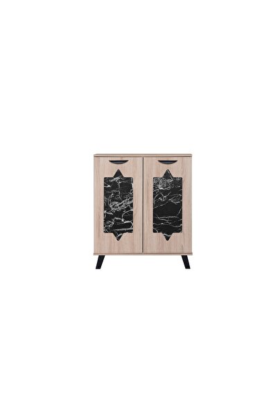 BAITY Two-door shoe organizer with 4 storage tiers in Malaysian wood, wooden and black marble color