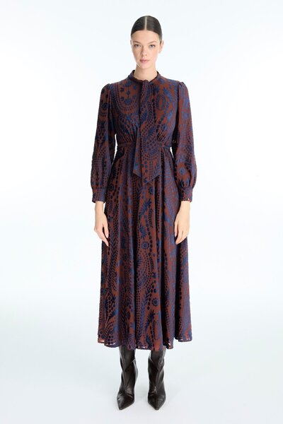 Zühre Desenli Fiyonk Yaka Detaylı Lacivert/Kiremit Elbise E-0536