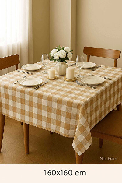 Mira Home Fiber Kareli Masa Örtüsü Sofra Bezi Ekose Desen 160x160 Cm Bej
