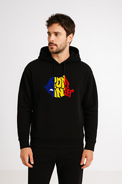 MODA România România cu imprimeu Hanorac negru pentru bărbați cu glugă Swea tricou