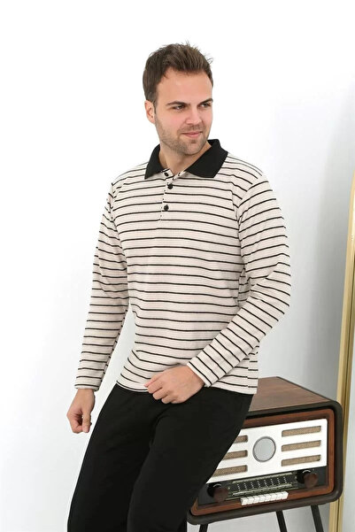 alfa expres Fashion Men's Polo Neck Long Sleeve Combed Cotton Pajama Set Cream
