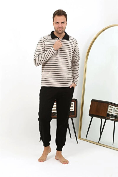 alfa expres Fashion Men's Polo Neck Long Sleeve Combed Cotton Pajama Set Cream