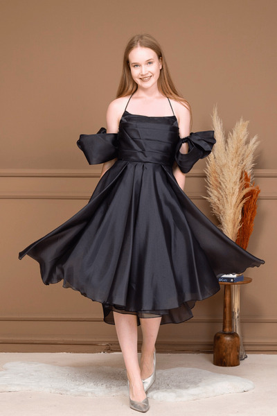 BEYBOS Organza Tulle Back Detail Midi Dress - Black