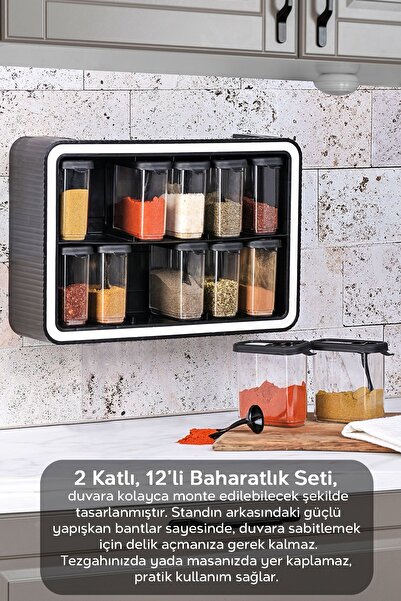 Store 12'li Standlı Kendinden Yapışkanlı Kaşıklı Baharatlık Takımı -Etiketli Kapaklı Baharatlık Seti Siyah