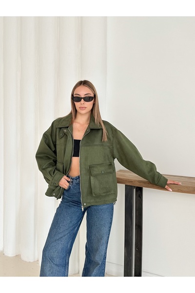 Ekim Store سترة بومبر من جلد الغزال بياقة عالية مع جيوب