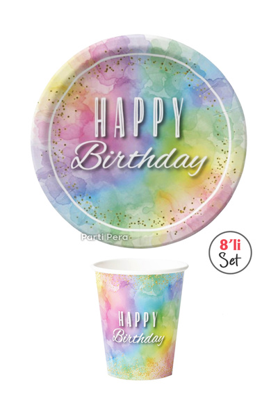 parti pera Makaron Renkli karton Tabak Bardak 8'li Set Paket