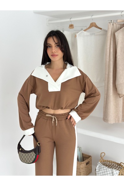 Velista Women's Tracksuit Set, Shawl Collar, Modal Fabric, Side Stripe Detail, Elastic Waist, Lace-Up