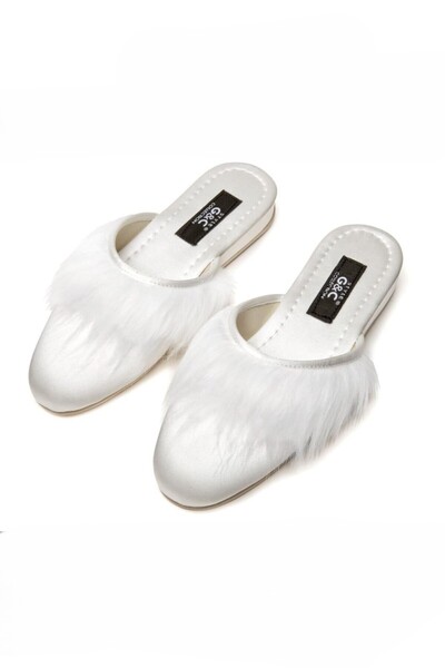 QKK Women's Ecru Furry Heelless Bridal Dowry House Slippers Q2G4K5Ck