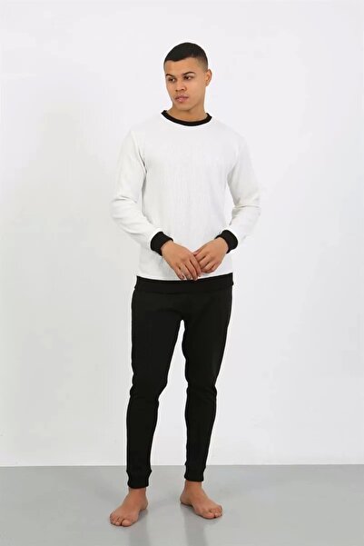 alfa expres Clothing Men's Long Sleeve Cuffed Leg Combed Cotton Pajama Set White