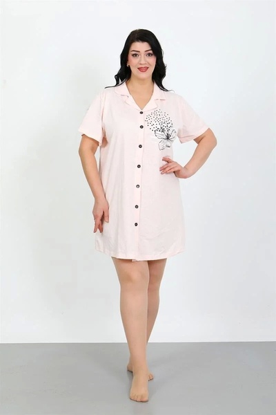 alfa expres Fashion Plus Size Combed Cotton Buttoned Powder Tunic Nightgown