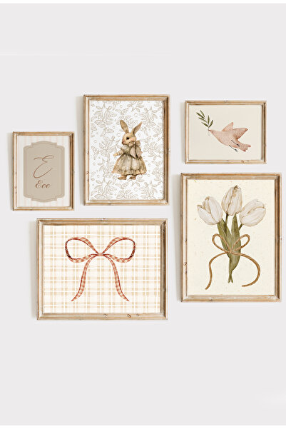 Kids Bej Tavşan Vintage Tarzda Çerçeveli 5li Set