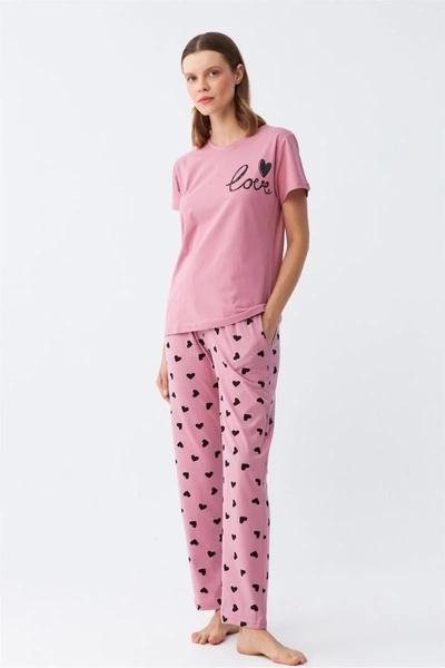 alfa expres Μόδα γυναικεία πιτζάμες με κοντό μανίκι με σχέδιο καρδιάς σομόν, ...