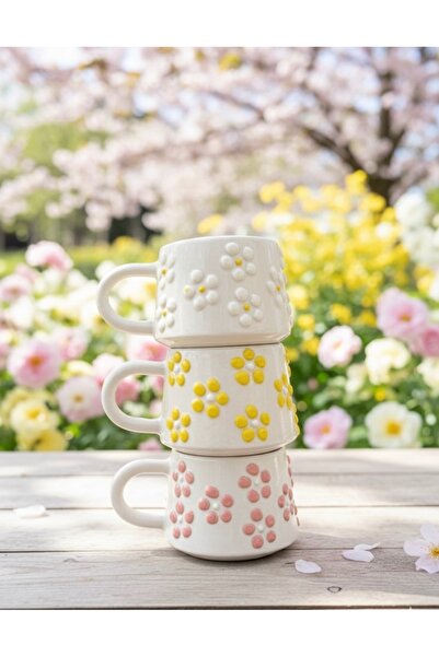 BB TRADE طقم من 3 أكواب سيراميك مصنوعة يدويًا باللون الأبيض والأصفر والوردي