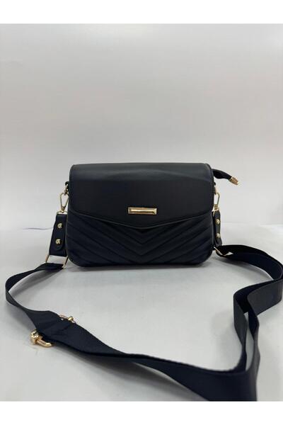 Asel Kadın Siyah Nakış Detaylı 3 Bölmeli Çapraz Çanta