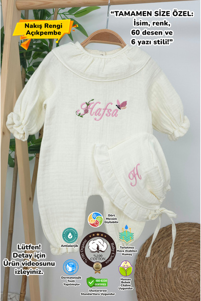 gros shop Müslin Yeni Doğan 4Katlı Organik %100Pamuk Kişiye Özgü Nakışlı Hast...