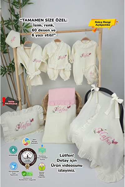 gros shop Müslin Yeni Doğan 4Katlı Organik %100Pamuk Kişiye Özgü Nakışlı Hast...
