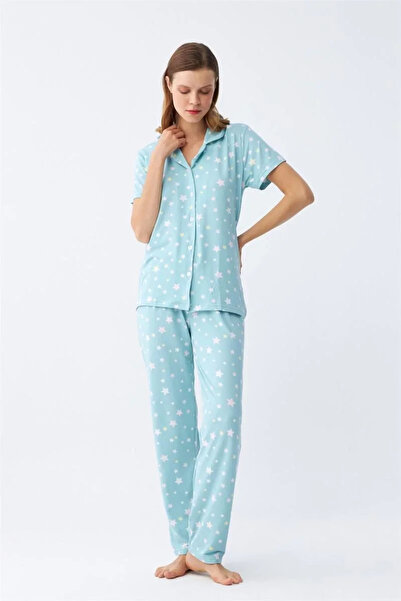 alfa expres Μοντέρνο γυναικείο σετ πιτζάμες με μπλε αστέρια με κουμπιά μπροστά