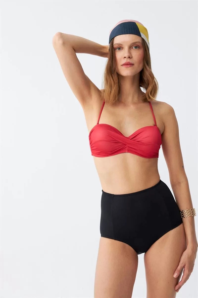 Akbeniz Μόδα γυναικείο σετ μπικίνι χωρίς στράπλες κόκκινο ψηλόμεσο