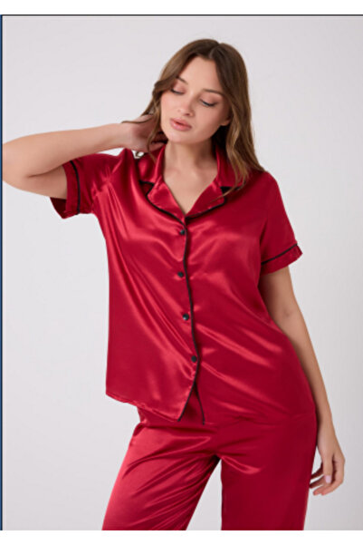 MİSS AYZA İÇTEN GELEN ŞIKLIK MissAyza V.S 2110 MODEL SET DE PIJAMALE SATIN CU MANE SCURTĂ ȘI LUNGĂ CU BĂRĂ