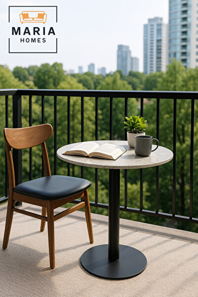 MARIA HOMES Gray Round Dining Table 70–74 cm – Modern Café & Restaurant Table with Metal Base