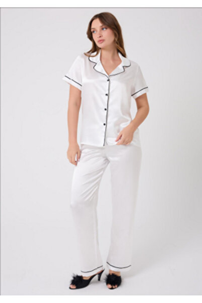 MİSS AYZA İÇTEN GELEN ŞIKLIK MissAyza V.S 2110 MODEL SET DE PIJAMALE SATIN CU MANE SCURTĂ ȘI LUNGĂ CU BĂRĂ