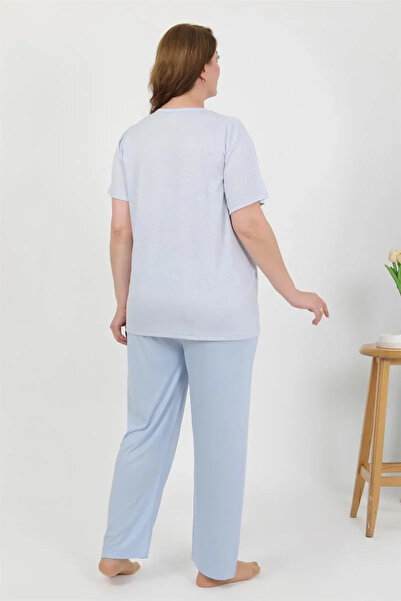 alfa expres Fashion Women's Plus Size Short Sleeve Combed Cotton Pajama Set Blue