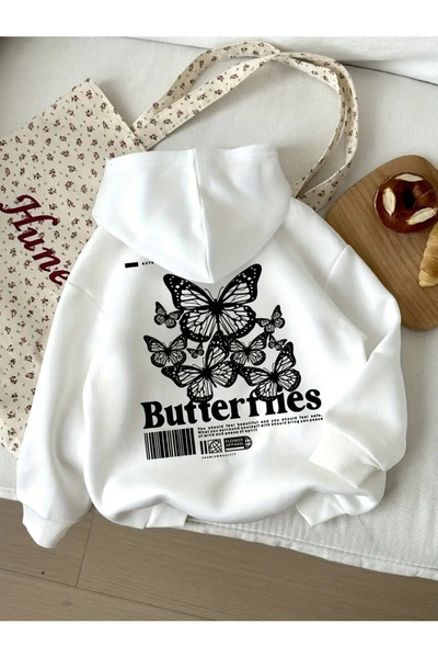 haha Butterfly Printed White Sweatshirt for Women
