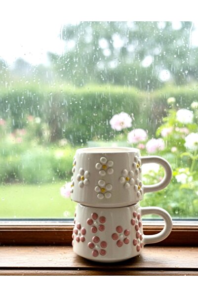 BB TRADE El Yapımı 2’Li Pembe ve Beyaz Papatya Desenli Seramik Kupa Bardak