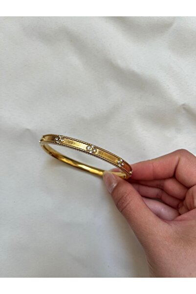 DUSHA JEWELRY Çelik Taşlı Yonca Tasarım İnce Kelepçe Bileklik