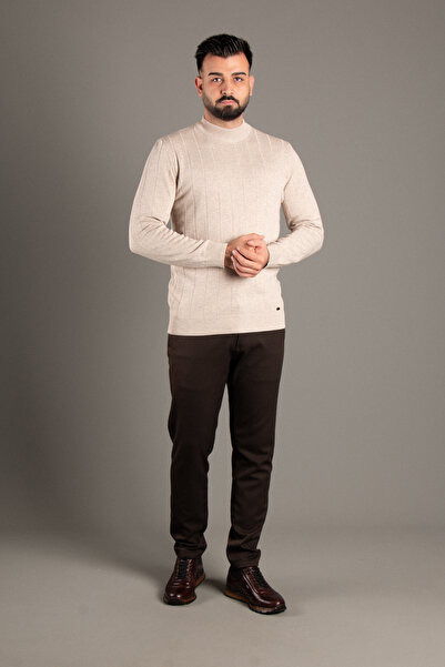 ZEKİ ÖZER Men's Beige Patterned Fishing Knitwear