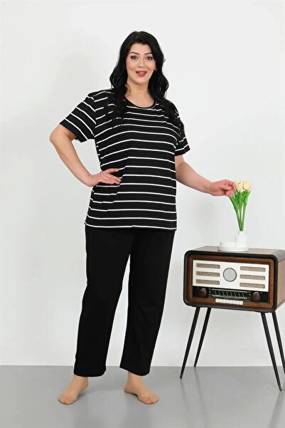 alfa expres Fashion Women's Plus Size Short Sleeve Combed Cotton Pajama Set Black