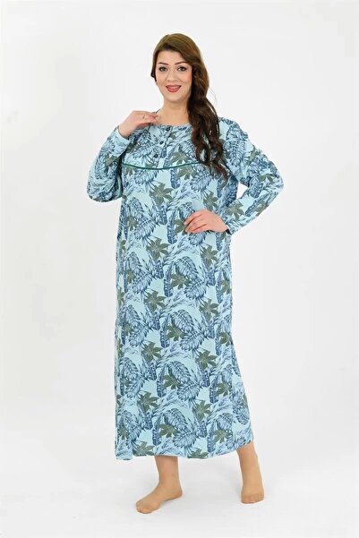 alfa expres Fashion Women's Plus Size Long Sleeve Blue Mother Nightgown