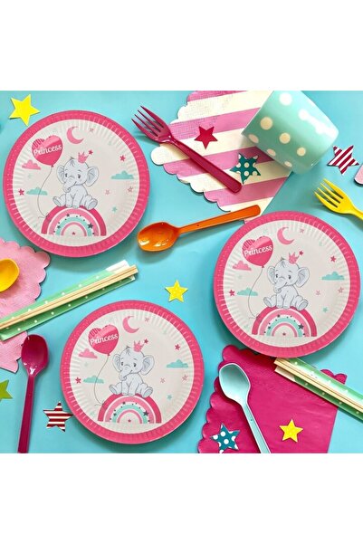 SHOPIENS Set 6 Bucati Farfurii Carton Petrecere Copii Elefant Curcubeu Princess Bej Roz Gri Ø23cm