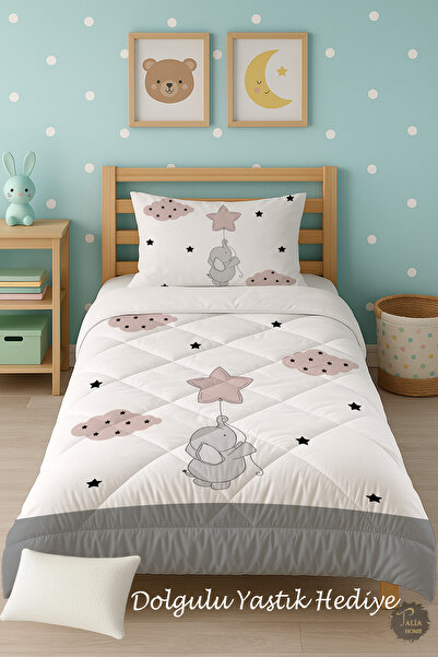 Talia Home Gray Elephant Patterned Single Children's Quilt Sleeping Set Tlag-133