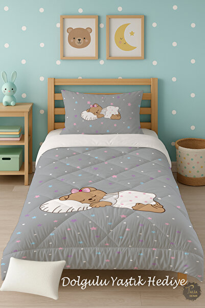 Talia Home Starry Cute Teddy Bear Patterned Single Children's Quilt Sleeping Set Tlag-243